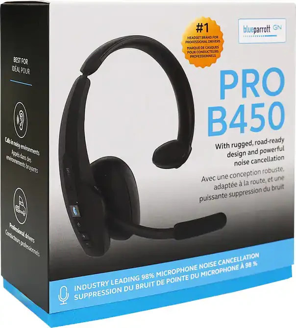 BlueParrott Pro B450 Wireless Bluetooth Mono Headset 98% AI Voice Isolation Mics