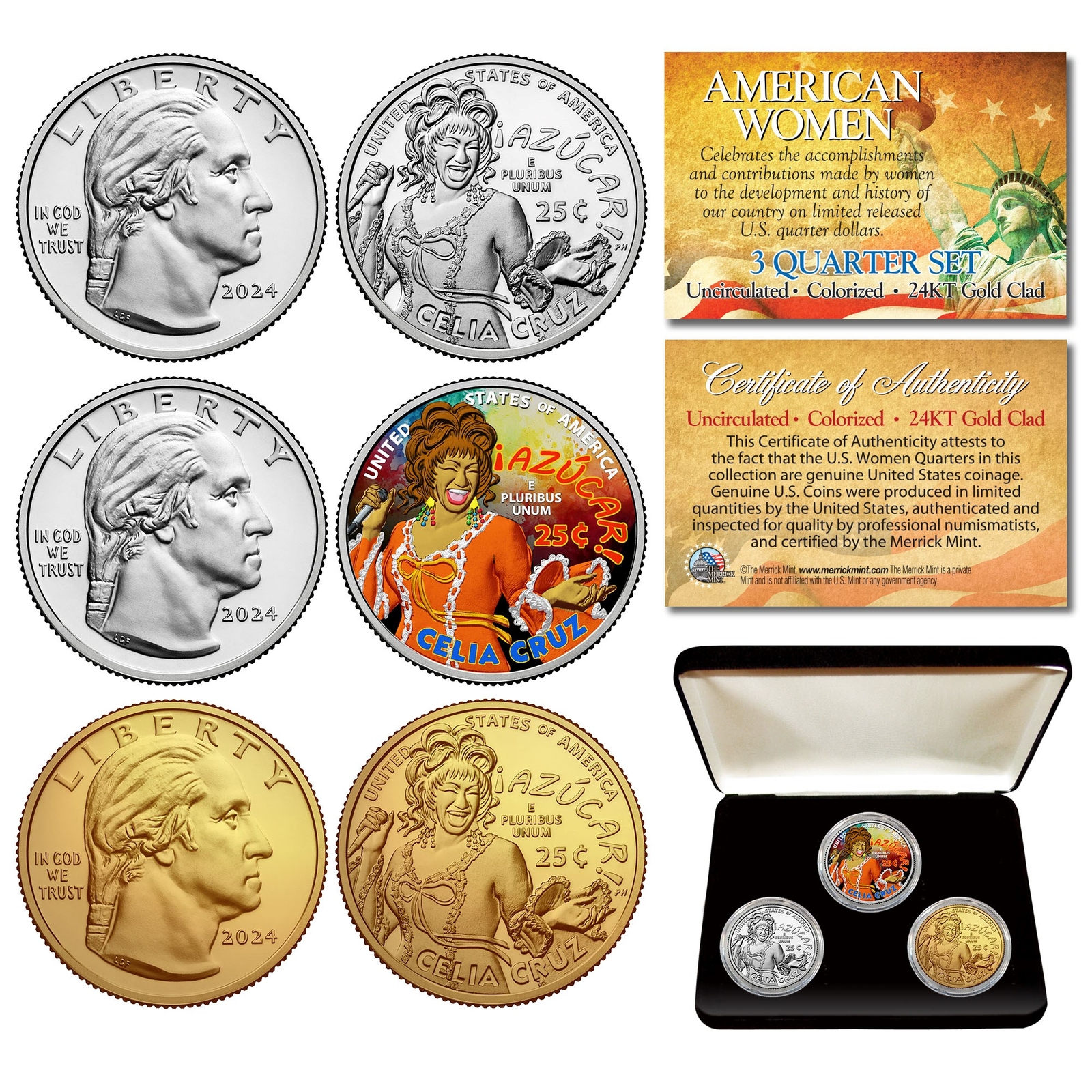 CELIA CRUZ 3-Coin Set 2024 American Women Quarters with BOX - Color, Gold, UNC