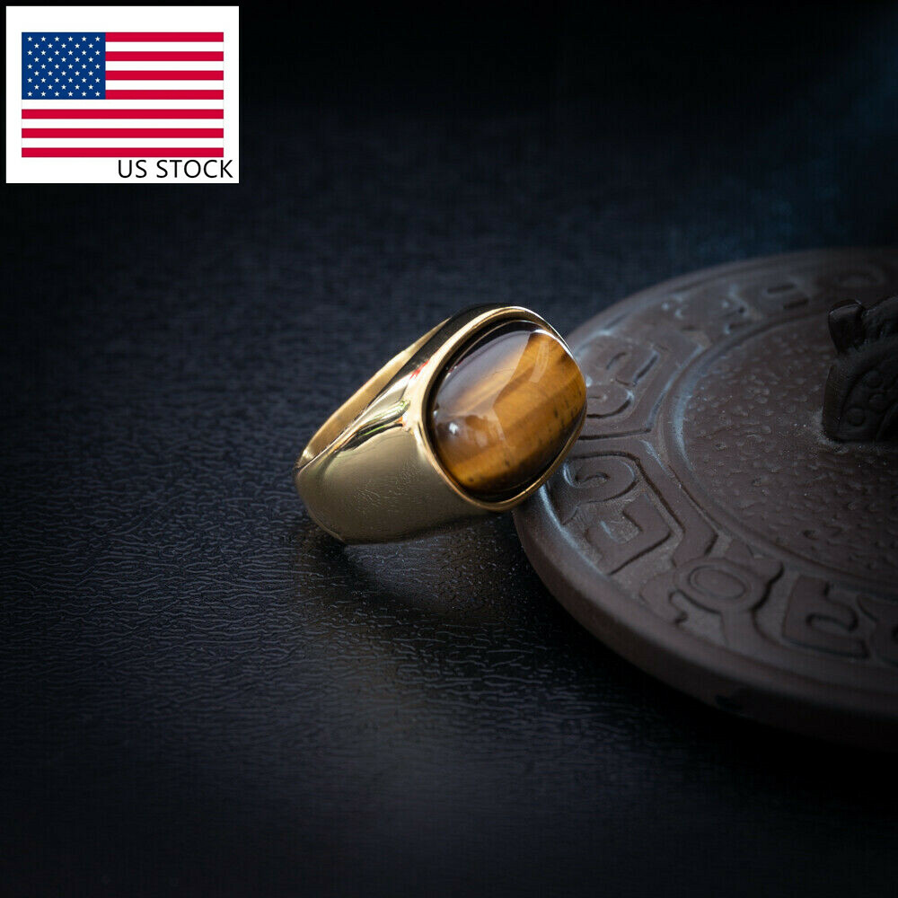 2 Colors Man Gold Plated Stainless Steel Solid Tiger Eye Oval Stone  Band Ring
