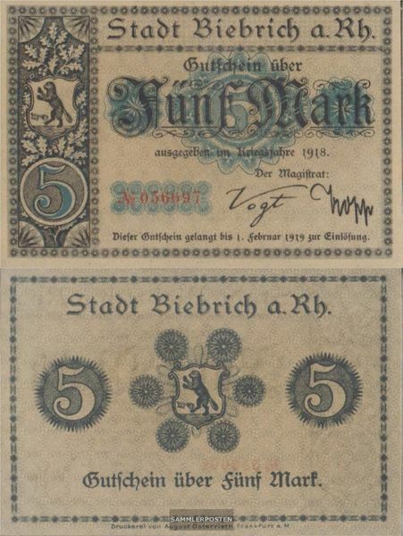 Biebrich on Rhein Notgeld City Biebrich on Rhein uncirculated 1918 5 Mark