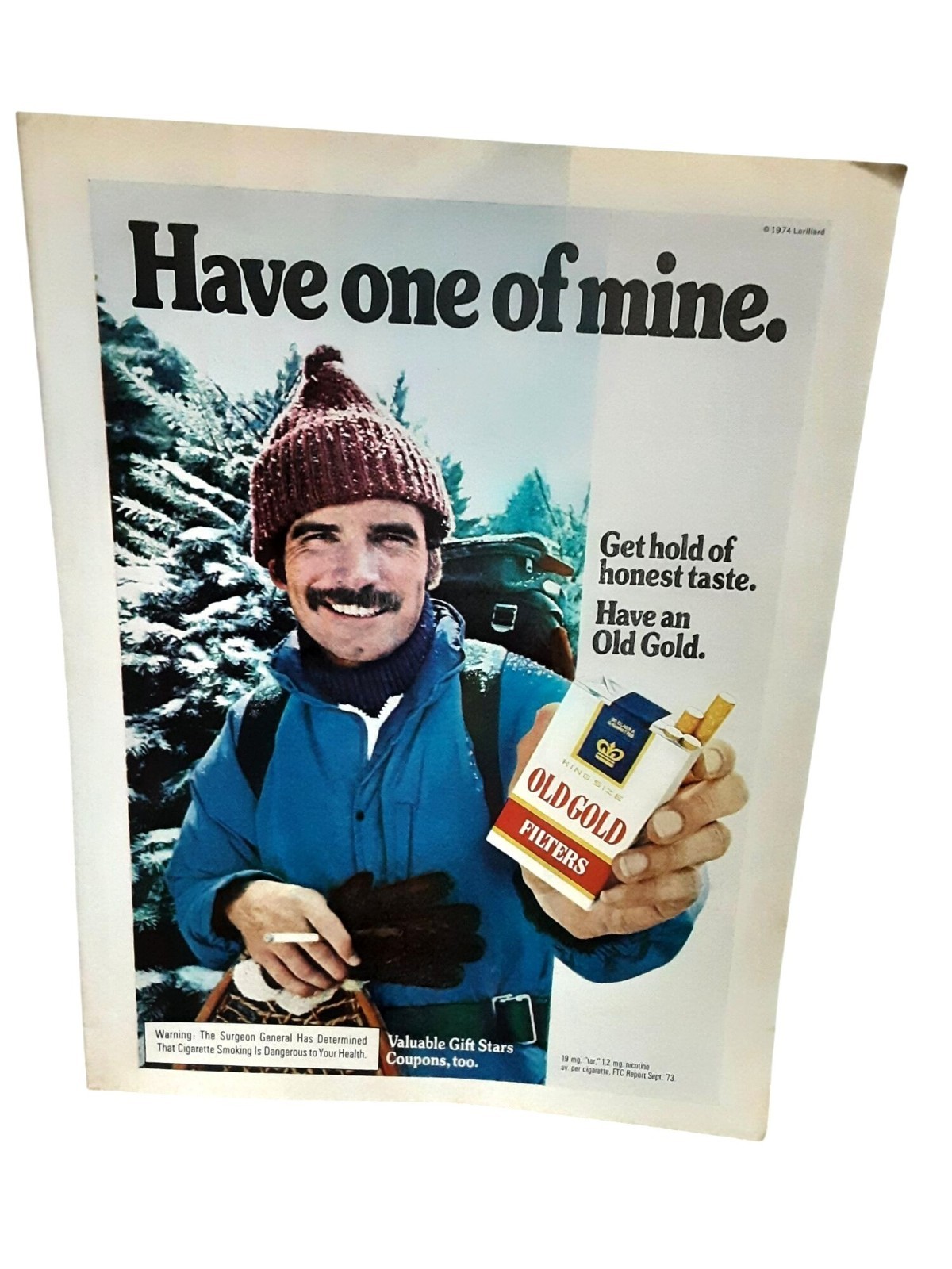 1974 Old Gold Cigarettes Vintage Print Ad Winter Hiking Outdoors Retro