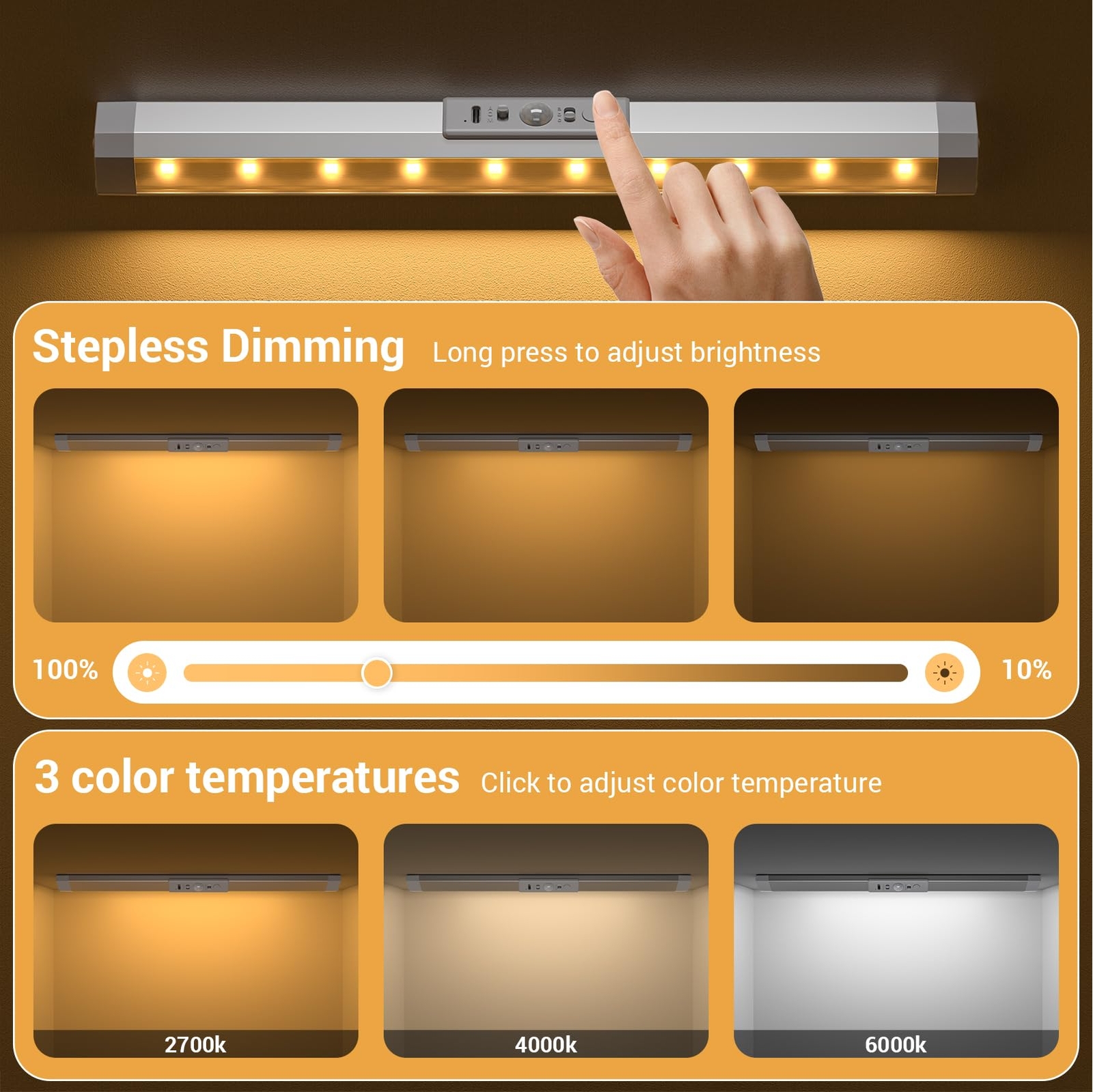 Closet Lights Motion Sensor with 3 ColorRechargeable Closet Light with Eye-Pr...