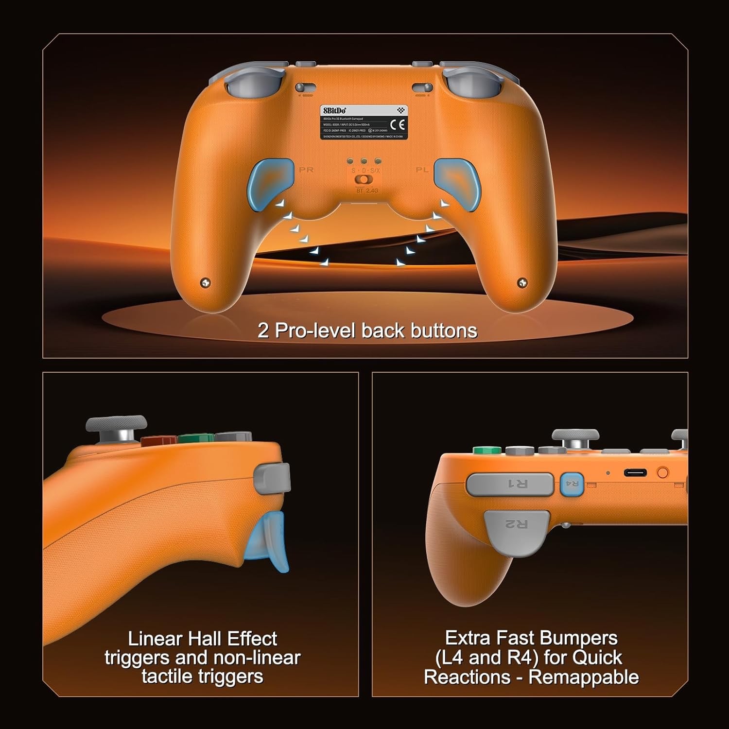 8BitDo Pro 3 Bluetooth TMR Hall Controller Switch PC SteamOS Android Orange