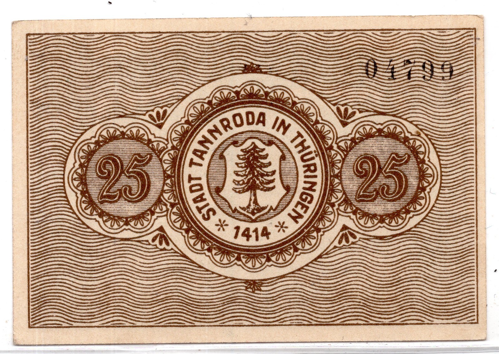 1921 Germany Tannroda Notgeld 25 Pfennig Note (2175)