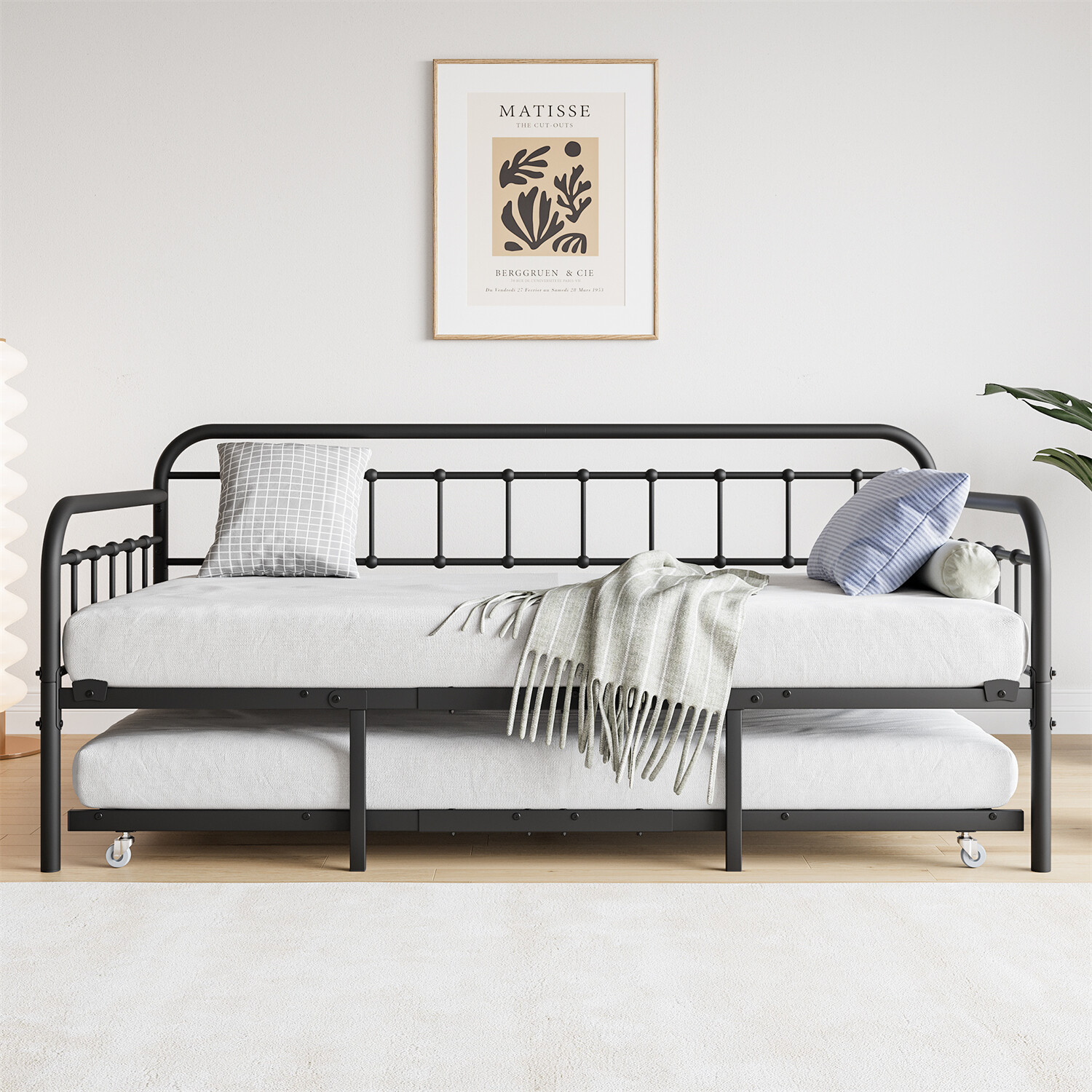 Twin Size Metal Daybed Bed Frame Sofa Bed with Pull Out Trundle Bed Black US