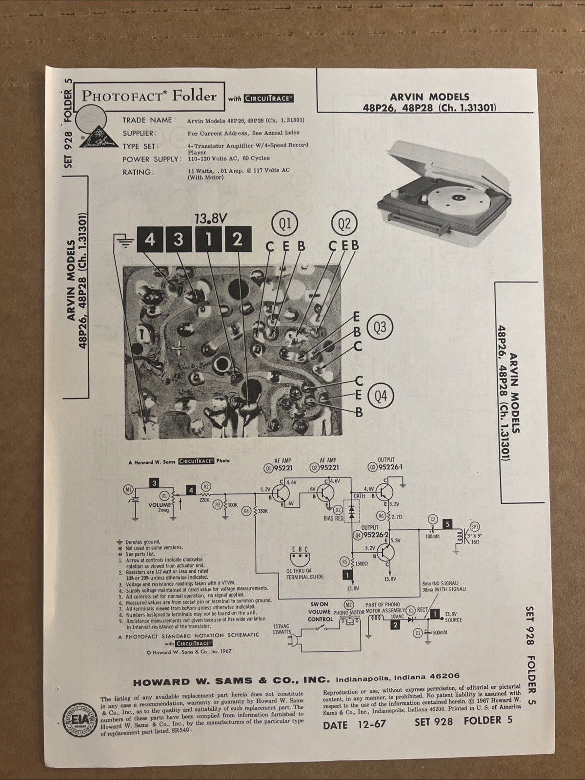 Vintage Sams Photofact Schematic 12-1967 ARVIN MODELS 48P26, 48P28