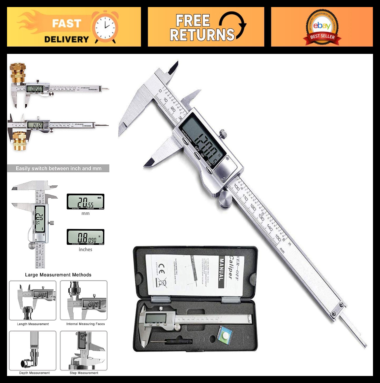 Digital Caliper Measuring Tool - 6 Inch Stainless Steel Micrometer with LCD Scre