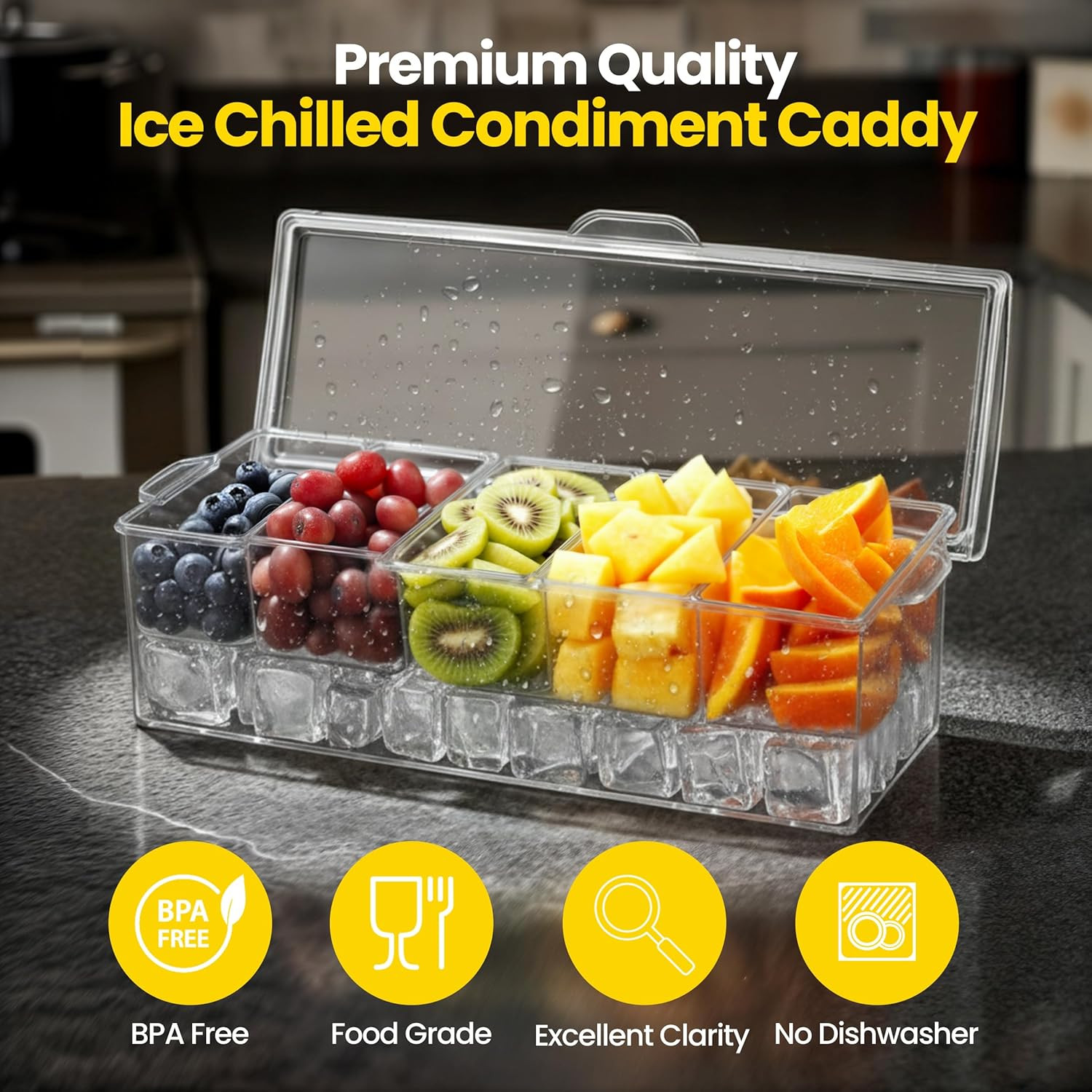 Ice Chilled Condiment Caddy with Lid, 5 Compartments Utensils