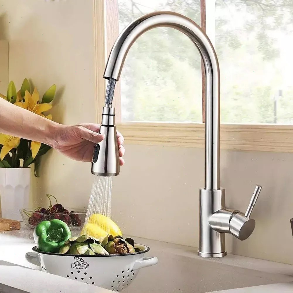 Brushed Nickel Kitchen Sink Faucet with Pull Down Sprayer SIngle Hole Mixer Tap