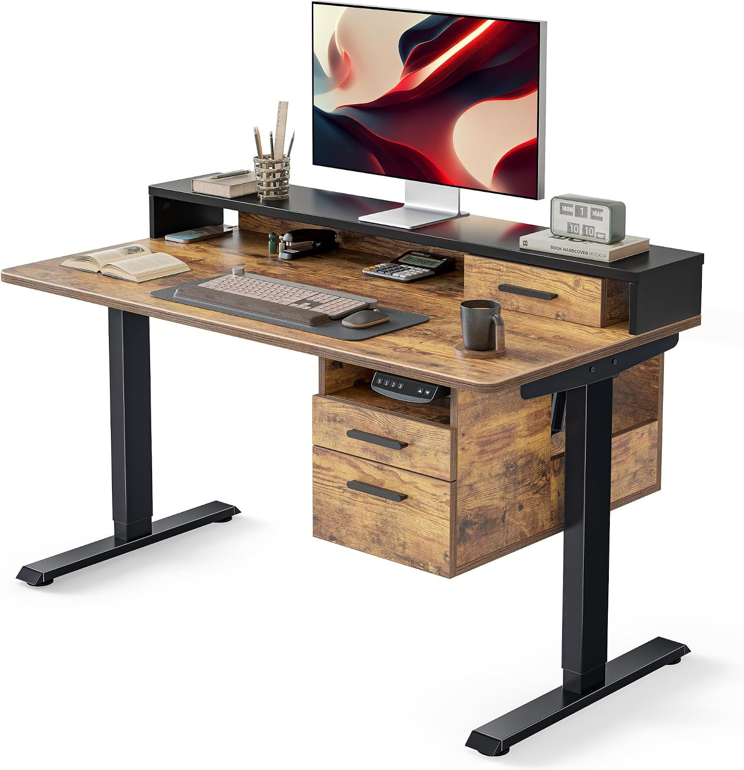Electric Standing Desk 48 X 24 Inch with Monitor Shelf, 3 Drawers and Open Stora