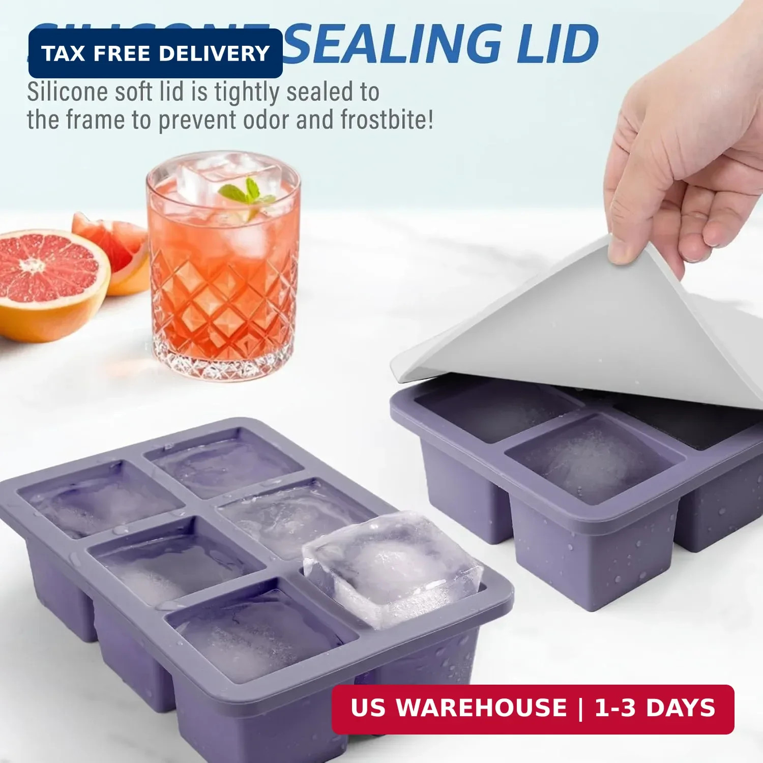 Large Silicone Ice Cube Trays with Lids, 2 Pack, Makes 2-Inch Cubes | Ea
