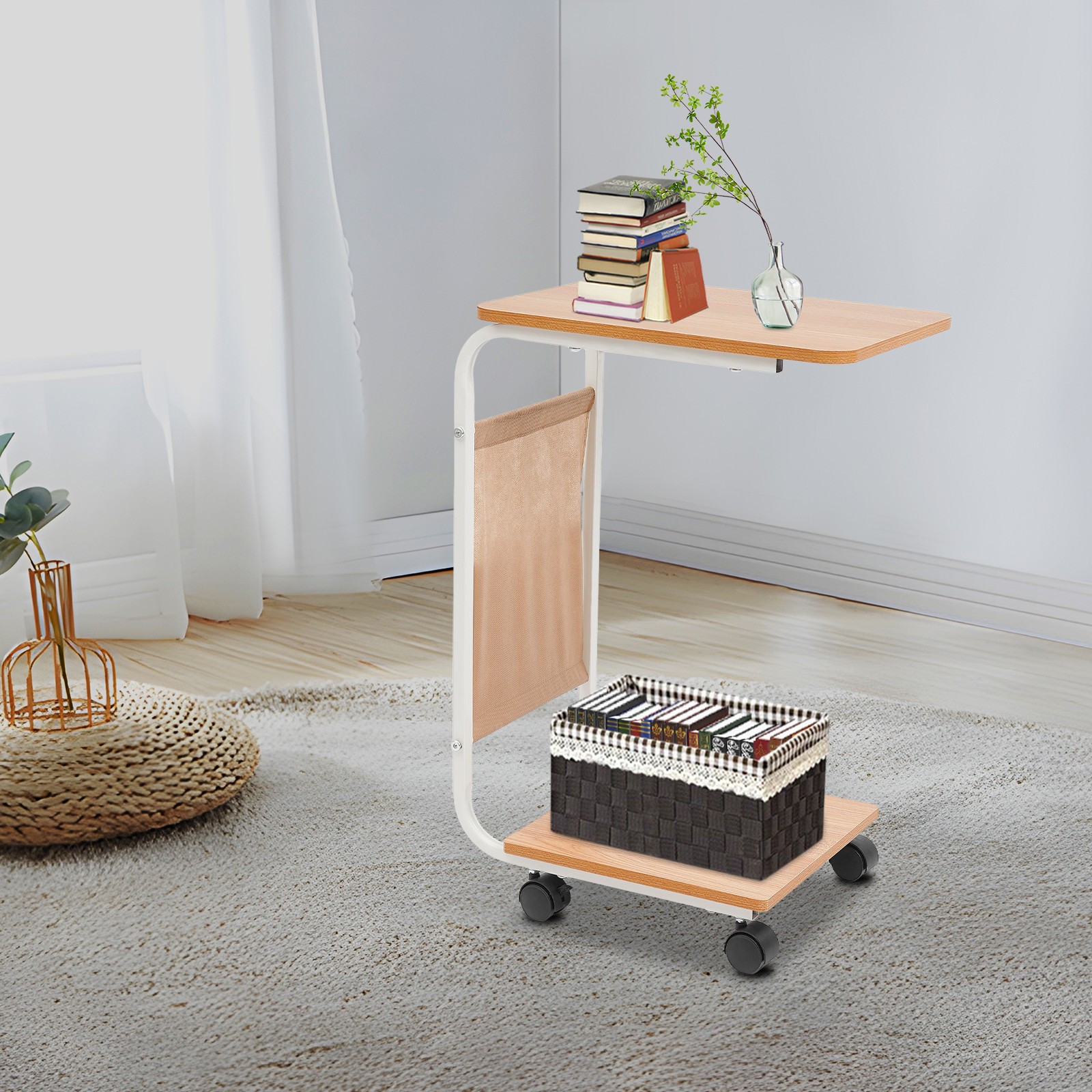 C-Shaped Side Table Sofa Bed Side Table With 4 Wheels Coffee Table Laptop Stand