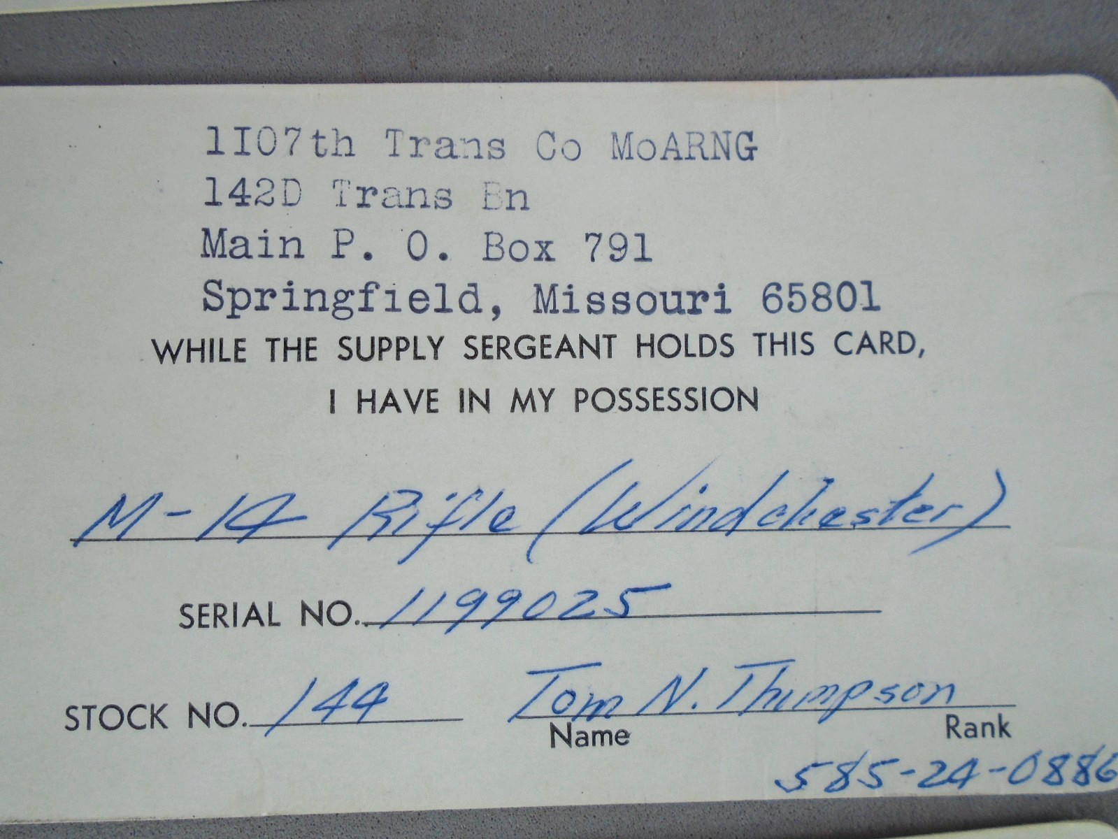 1107th Trans Co Springfield MO supply Sergeant cards lot