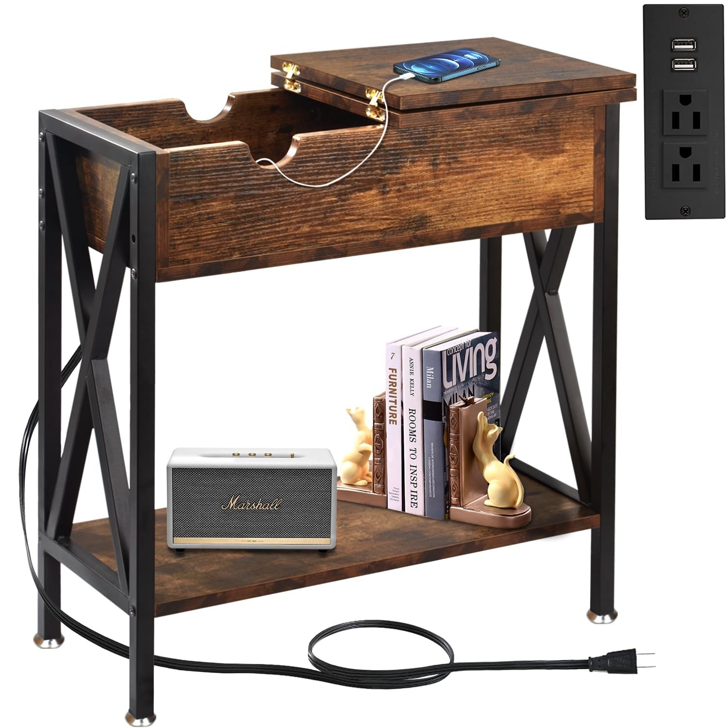 Flip Top End Table with Charging Station, 12" D x 24" W x 24" H, Brown | Narr...