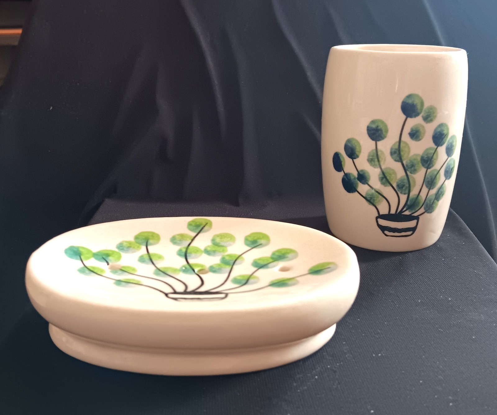 Hand Painted Ceramic Bathroom Set Soap Dish Cup Peacock Flowers