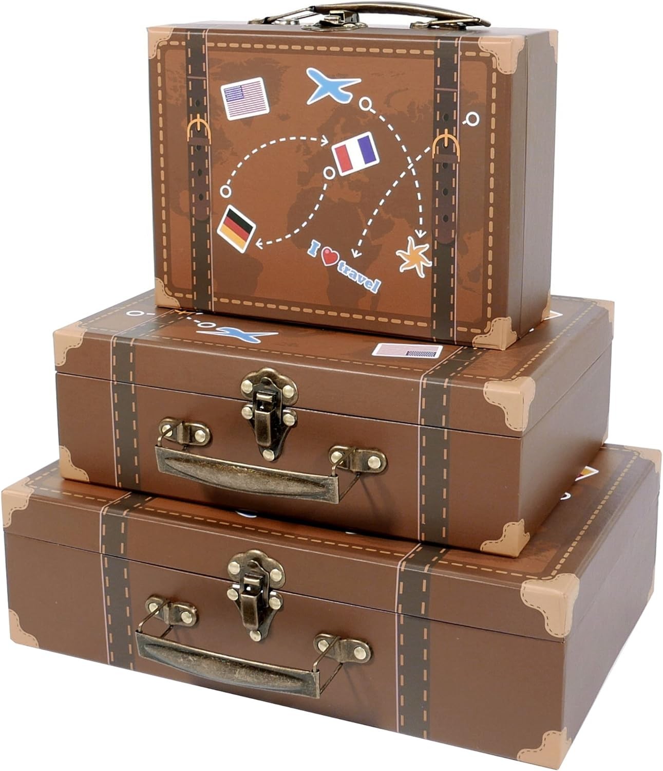3 Vintage Decorative Suitcases Trunk Retro Wood Leather Antique Storage