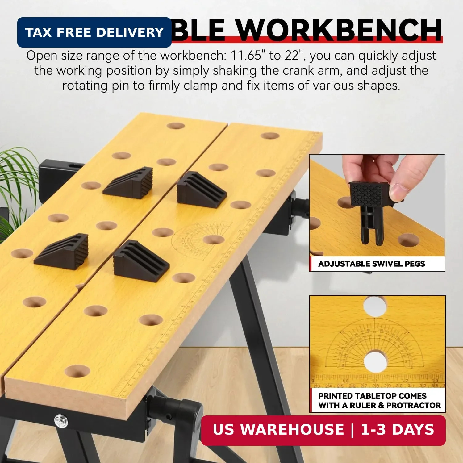 Folding Workbench w/Vise, 8-12" Adjustable Height, Portable | Built