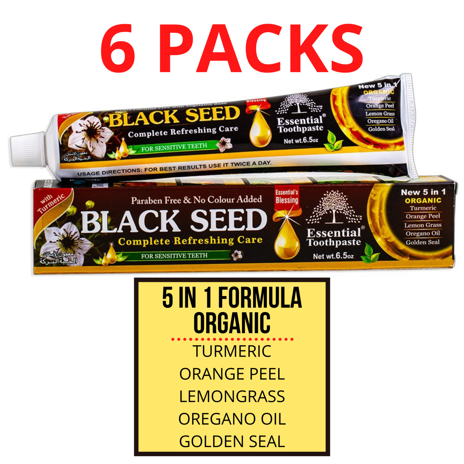 6 PACK- BLACK SEED Toothpaste, Natural & Organic Formula, Fluoride Free