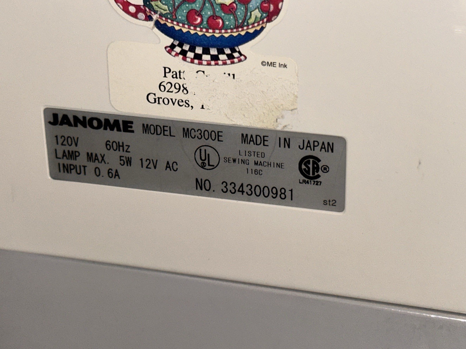 JANOME MC 300E EMBROIDERY MACHINE/POWER Cable Only