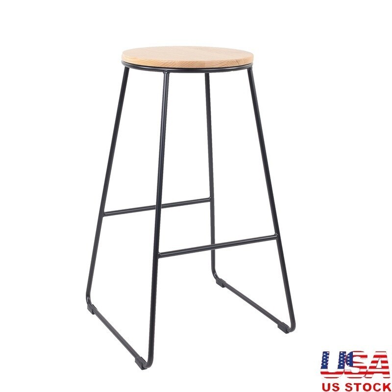 Backless Stool Black Metal Base Natural Wood Seat Kitchen Dining Bar Game Room