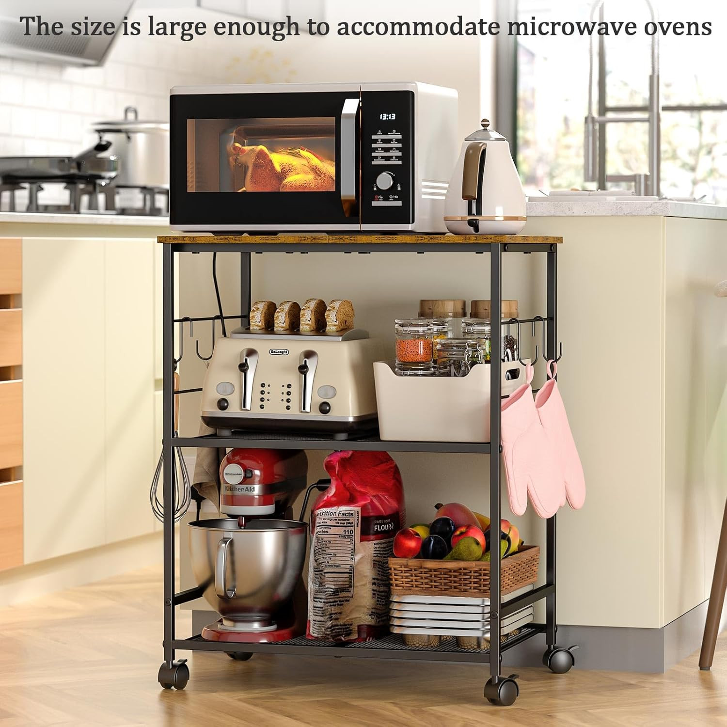 Rolling Kitchen Microwave Cart, 3 Tier Microwave Table Stand with Storage, Kitch