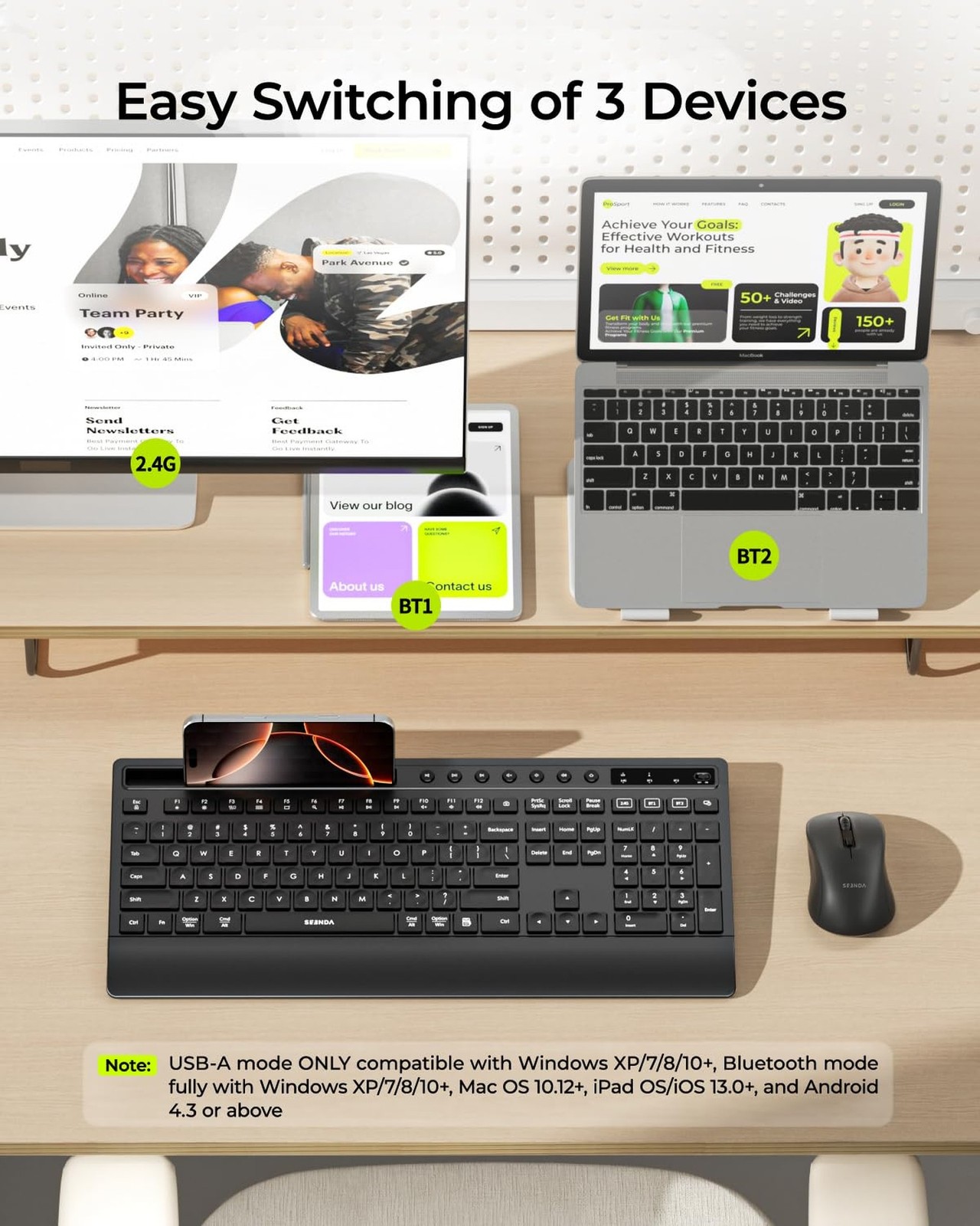 seenda Bluetooth Keyboard and Mouse Combo, Multi-Device Ergonomic Keyboard Mo...