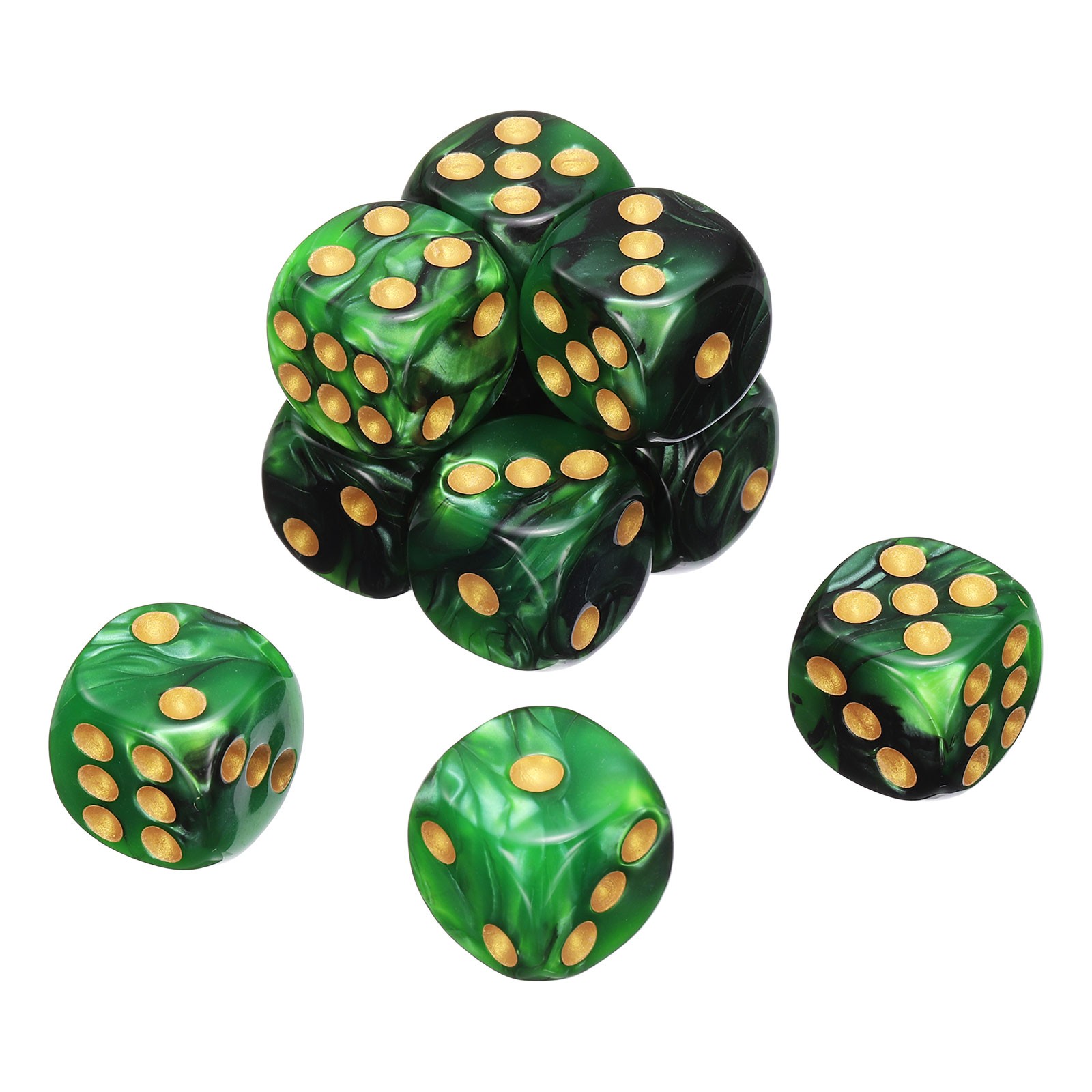 10Pcs 6 Sided Colored Standard Dice, Acrylic D6 Game Dice Light Green/Black,Gold