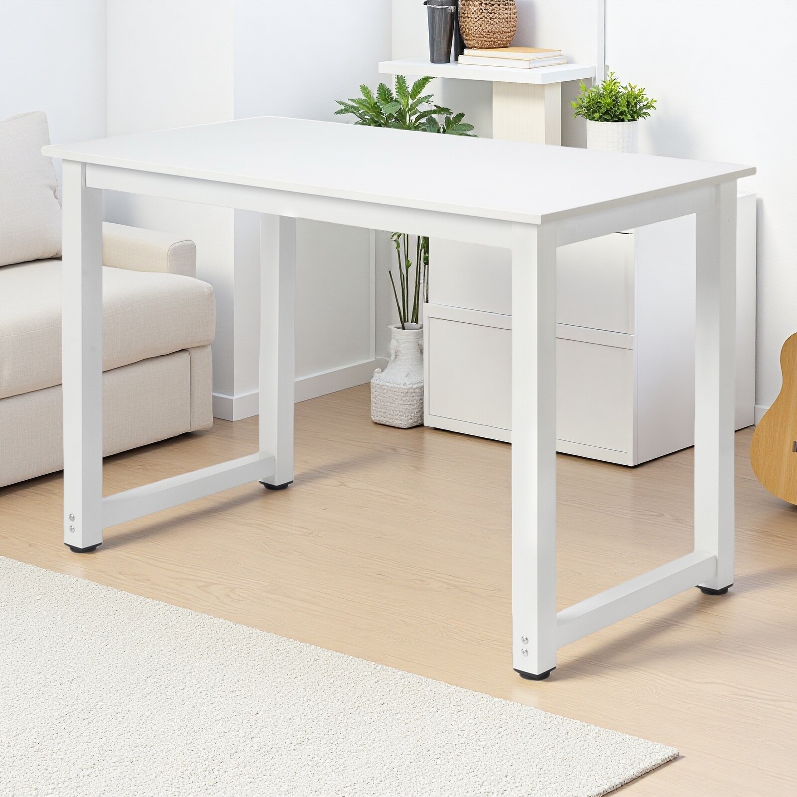 Simple Computer Desk - Portable, White, Steel White Frame & Adjustable Foot Pad