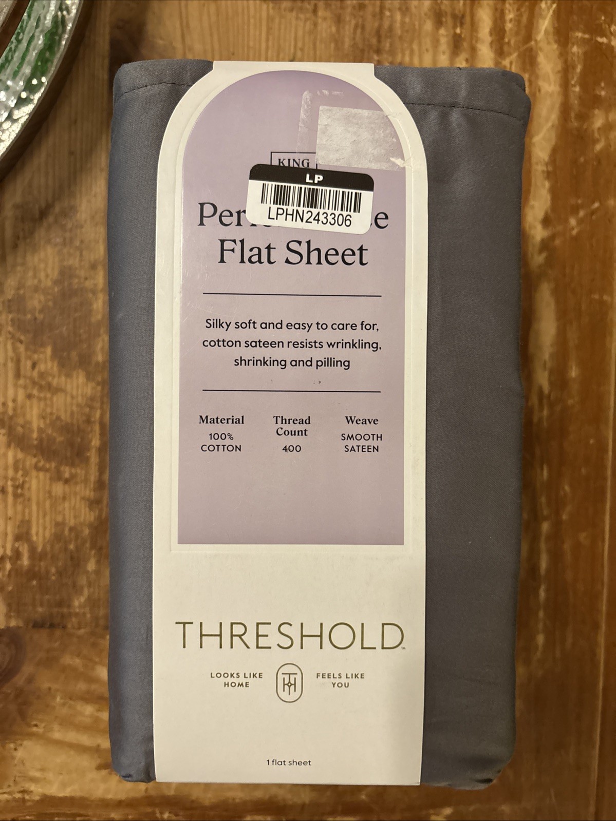 NWT  Threshold 400 Thread Count Performance Flat Sheet, Gray King size