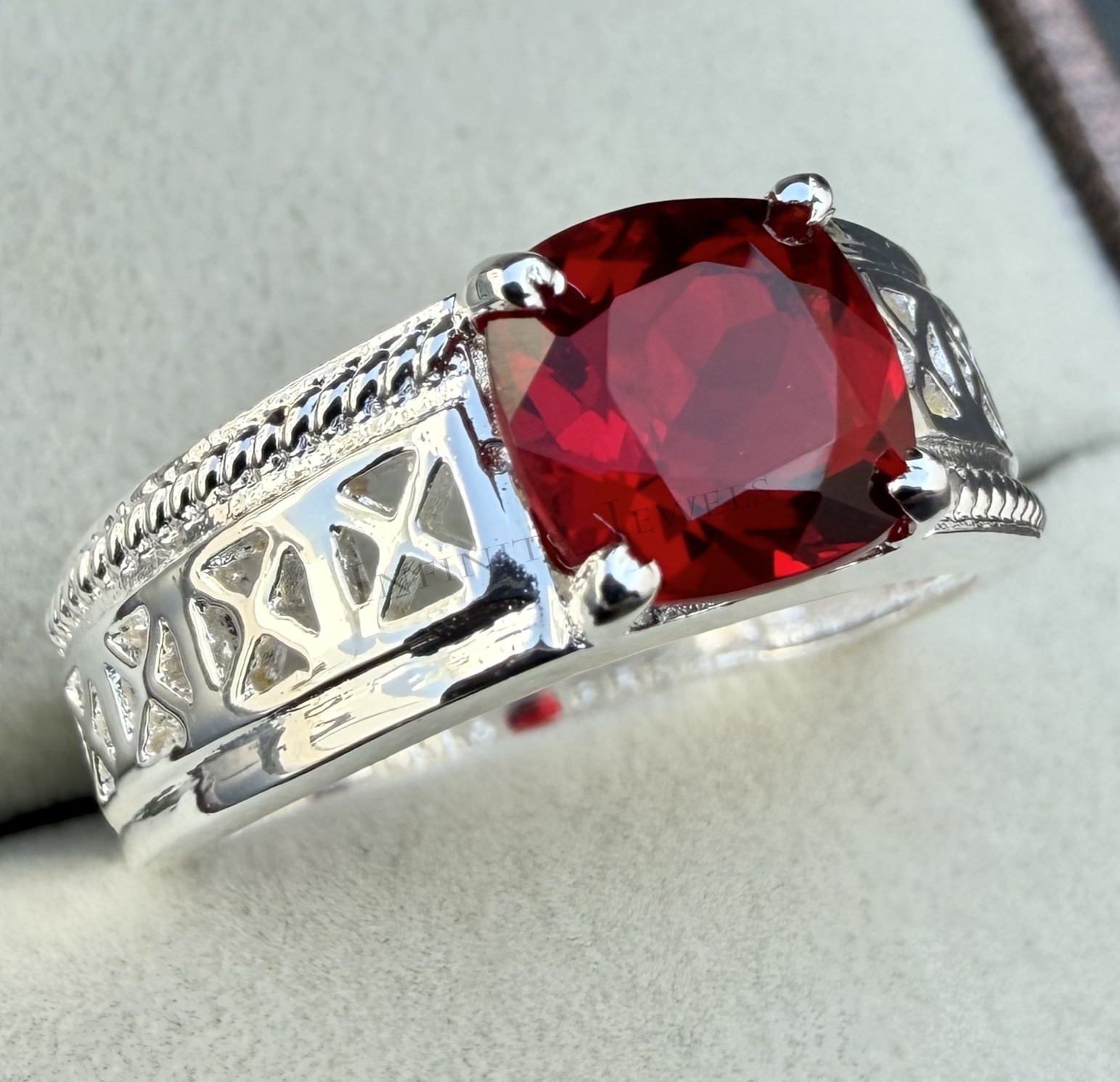 Solid 925 Sterling Silver Men's Ring with Red Garnet Gemstone Men's Ring