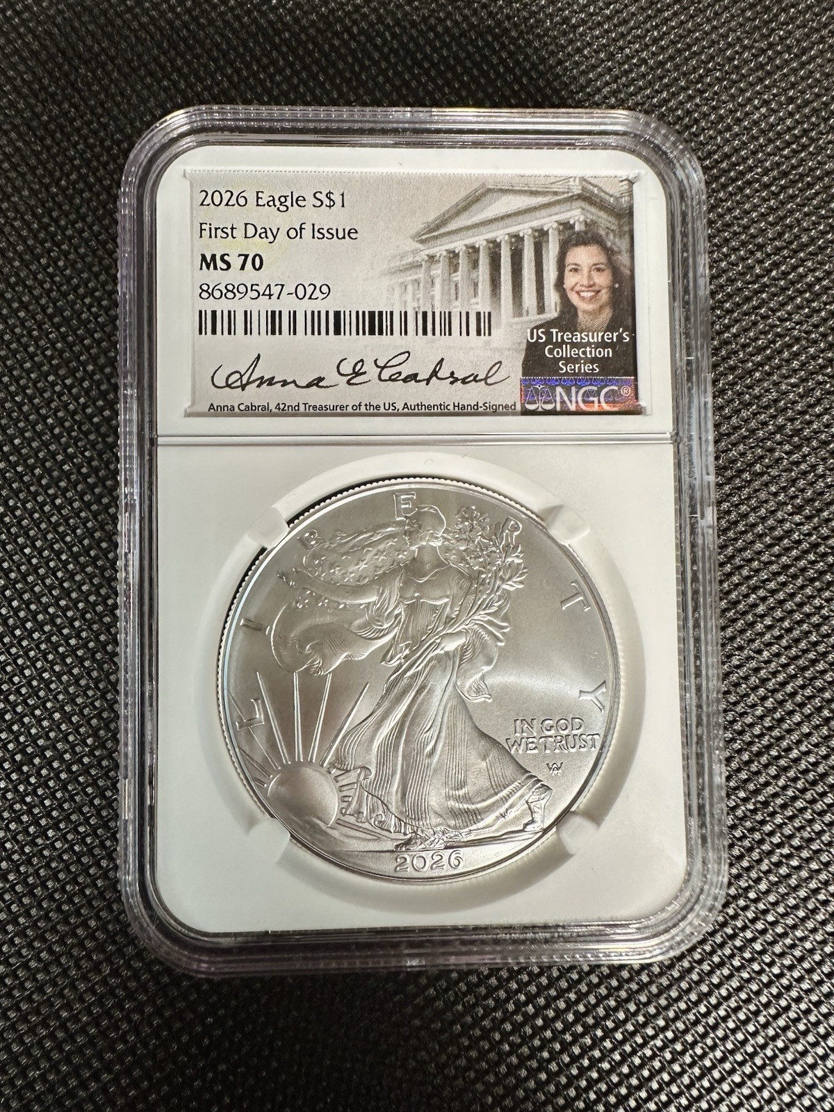 2026 SILVER EAGLE NGC MS70 ANNA CABRAL HAND SIGNED FIRST DAY OF ISSUE FDI