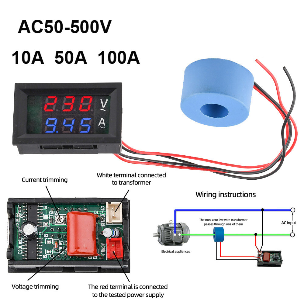 10/50/100A Voltmeter Current Voltage Amp Meter Hall Effect Sensor AC 50-600V