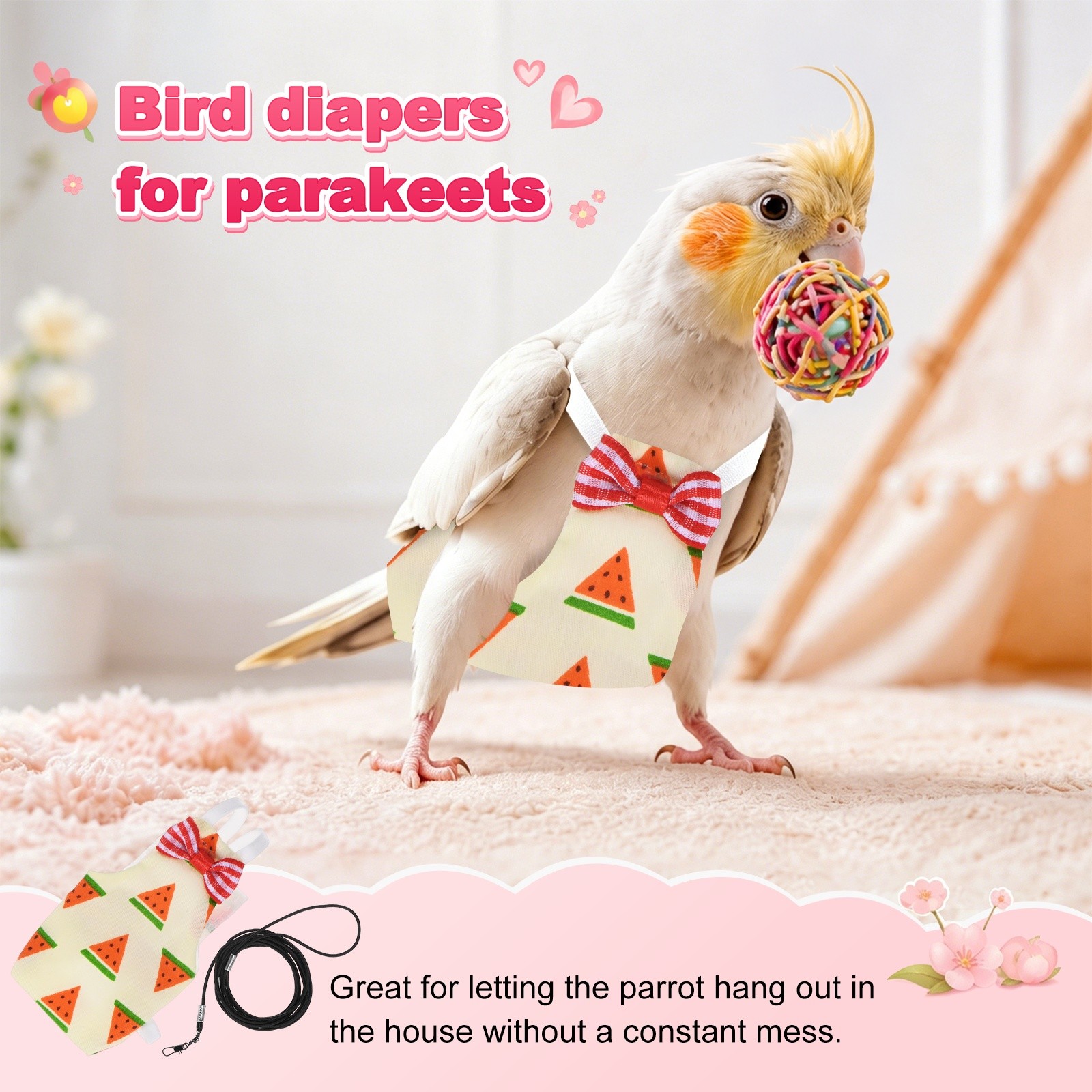 1-Pack Bird Diapers with 6.6 ft Leash Reusable Pet Parrot Nappy [Red, S]