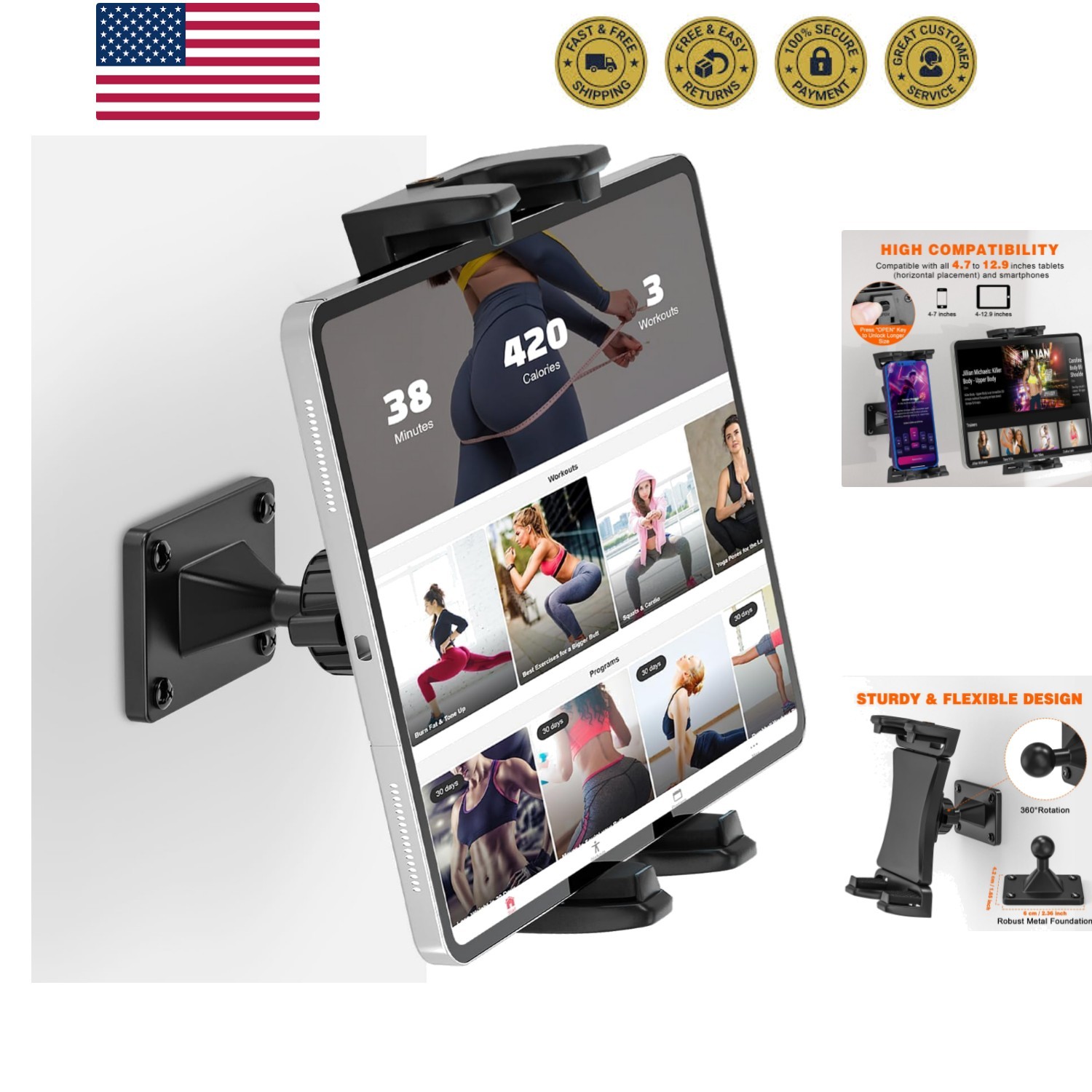 Tablet Wall Mount, 360° Rotation Tablet Holder Stand, Sturdy Metal Base, Kitc...