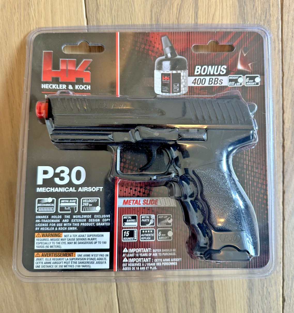 HK P30 Airsoft Pistol by Umarex 6mm Metal Slide 240 FPS + BBs New Black Red Tip