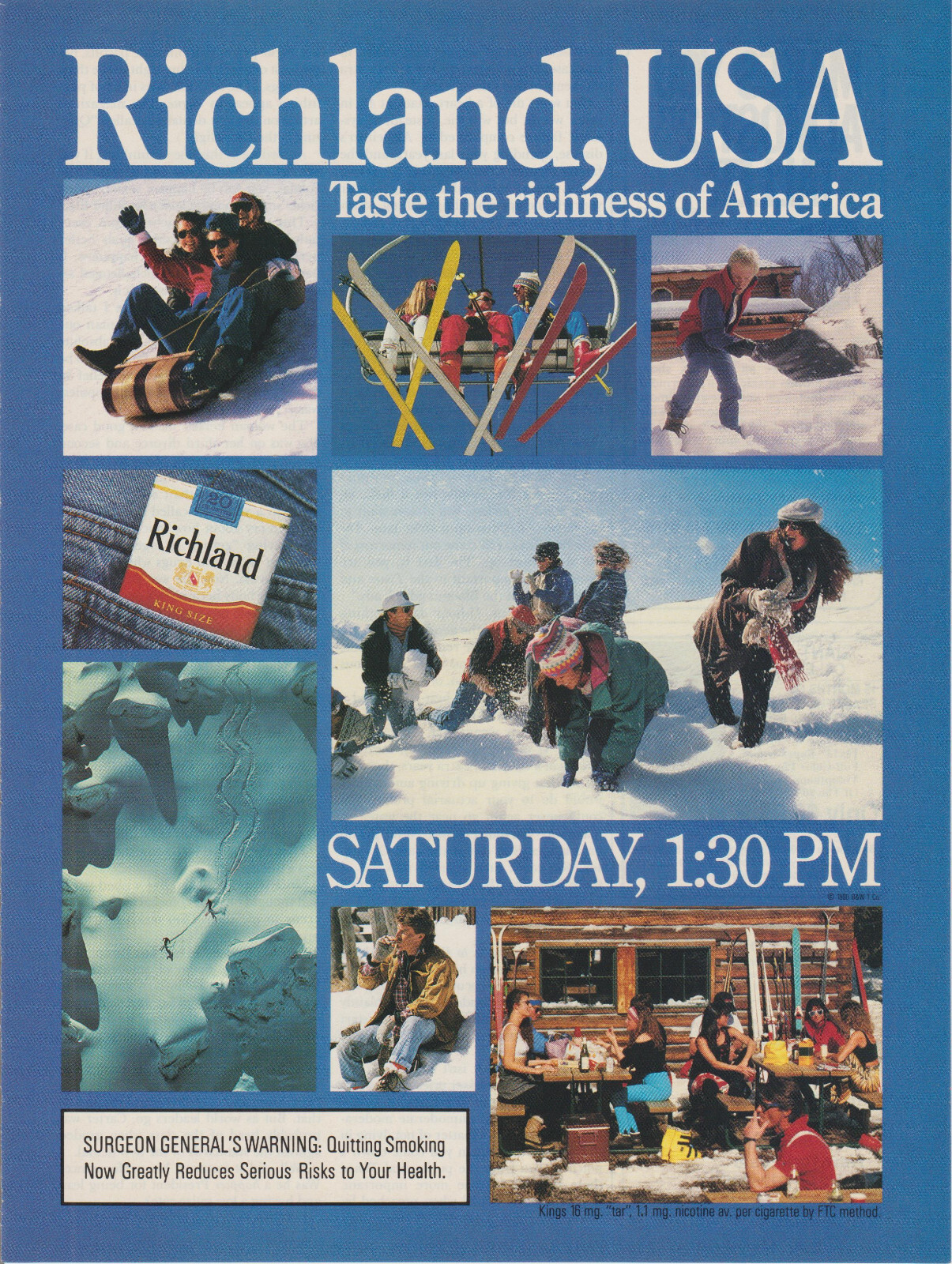 1990 Richland Cigarettes -Snow Ski Snowball Fight Toboggan Sled- Print Ad Photo