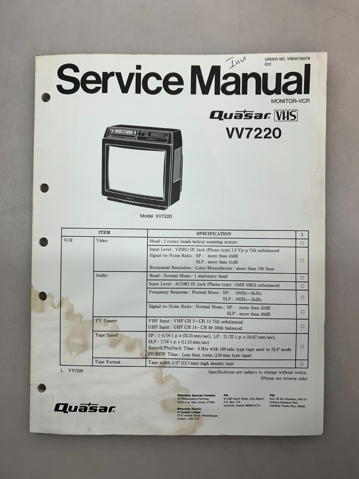 Quasar VV7220 Original Service Manual Free Shipping