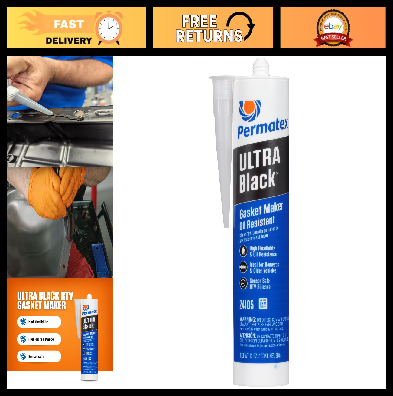 Ultra Black RTV Silicone Gasket Maker - Maximum Oil Resistance, 10.6 oz Cartridg