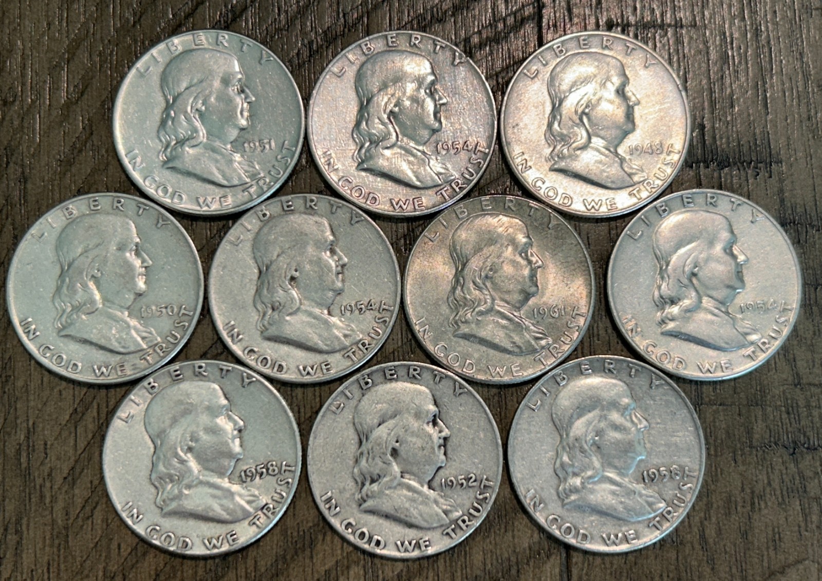 10 Franklin Half Dollars 90% Silver Lot Assorted Dates Fine+ Junk Bullion Coins