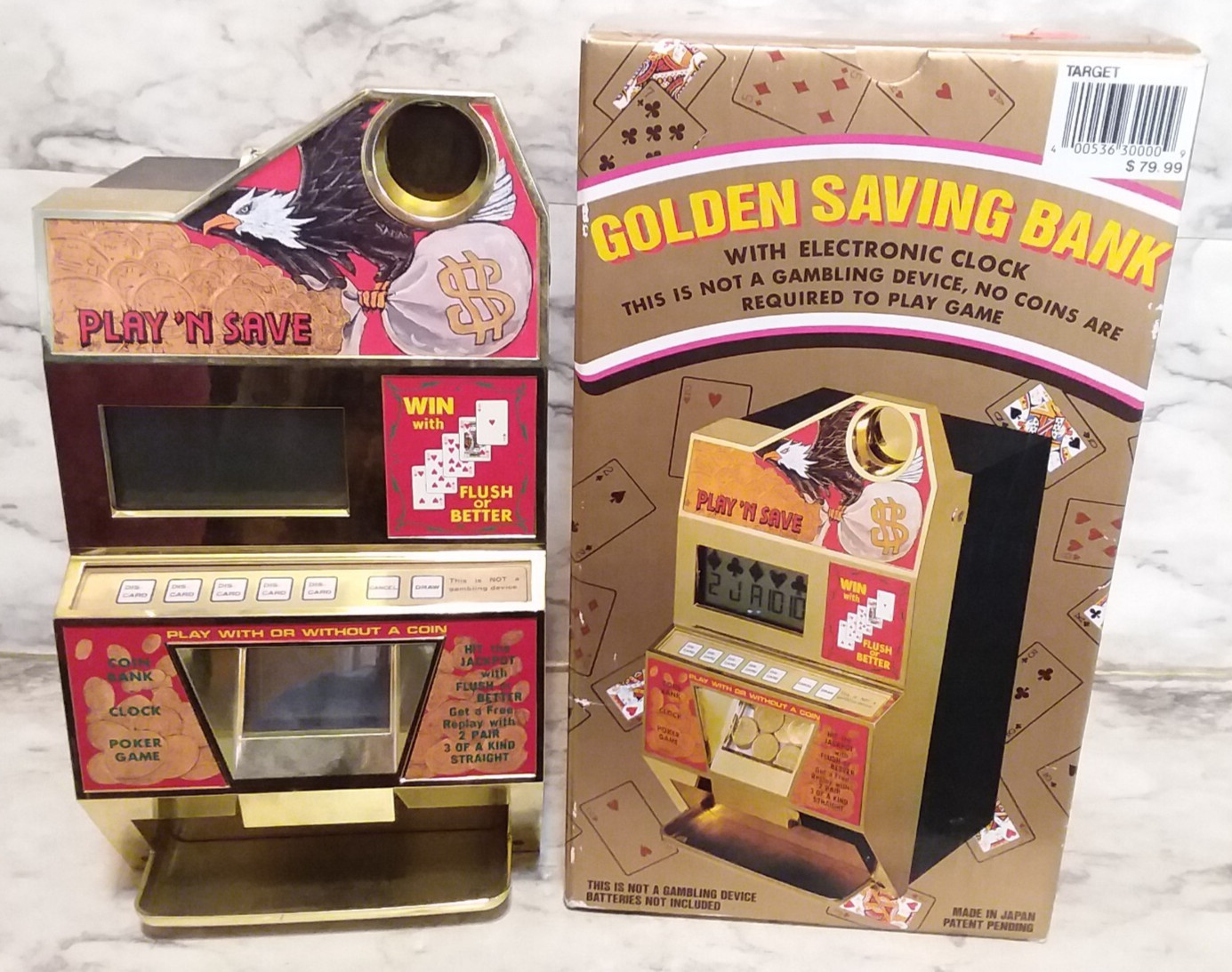 Vntg Target Video Poker GOLDEN SAVINGS BANK Slot Machine w/ Clock in Box - WORKS