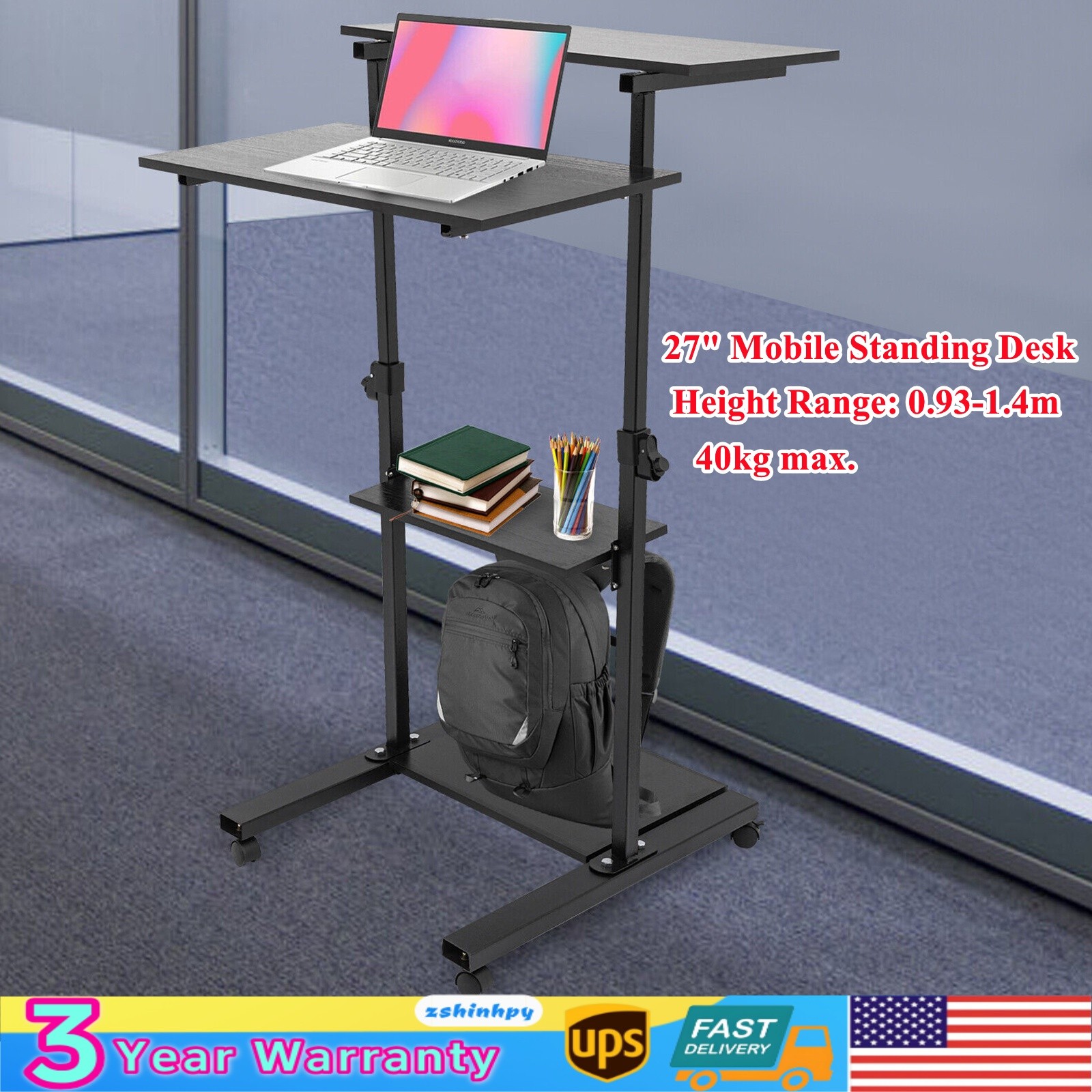 4-Tier Mobile Standing Desk Stand Up Work Station Max 40kg Rolling Desk W/Wheel