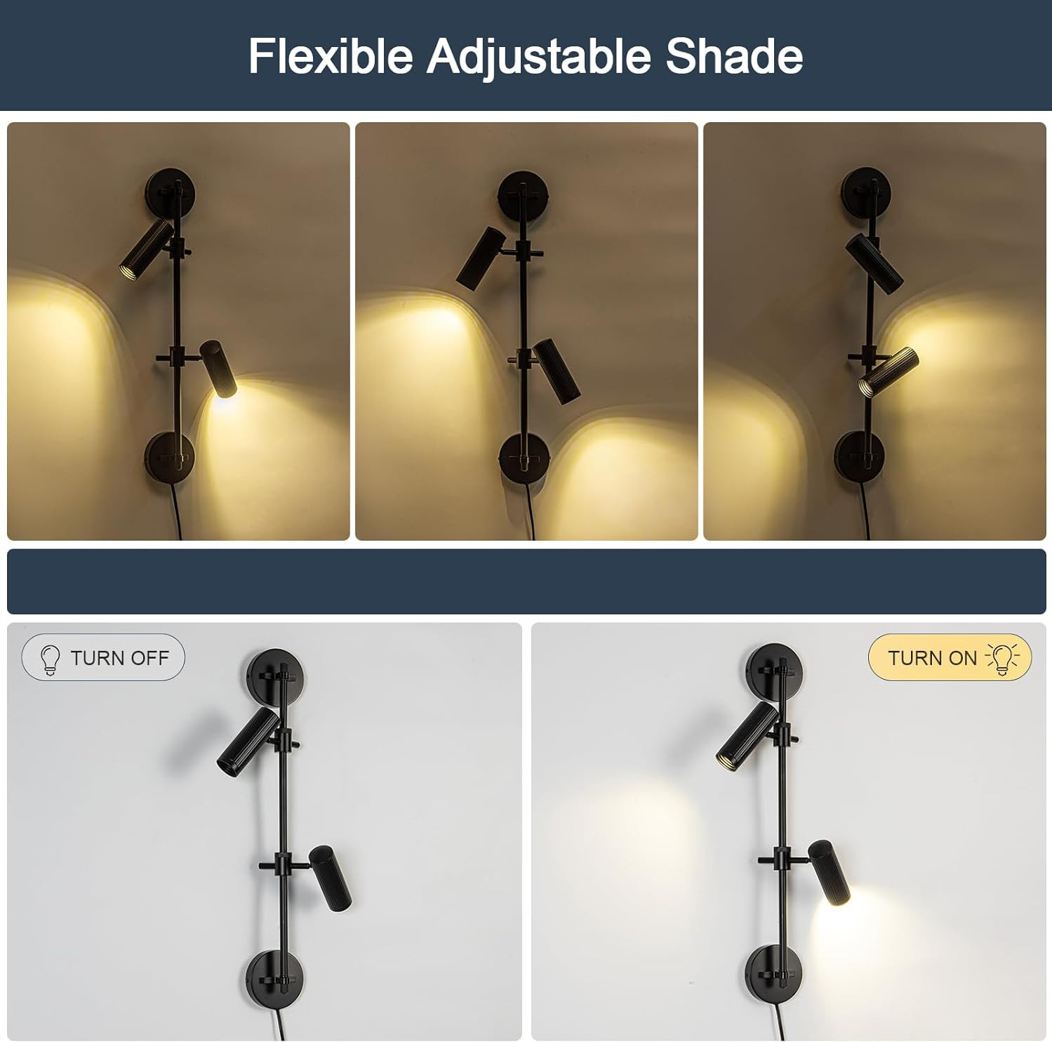 Plug in Wall Sconces, Black 2 Lights Rotatable Wall Lamp with Switch Cord Wall