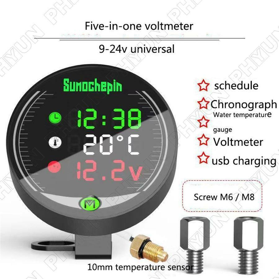 5 IN 1 Digital Motorcycle Water Temperature Voltage Meter w/22mm Sensor Adapter