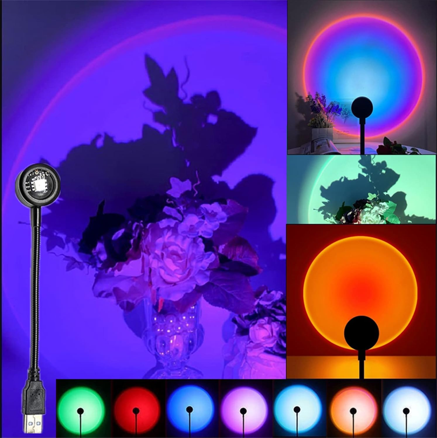 USB Sunset Projection Light, 7 Colors-8 Lighting Modes Voice Control Sunset Lamp