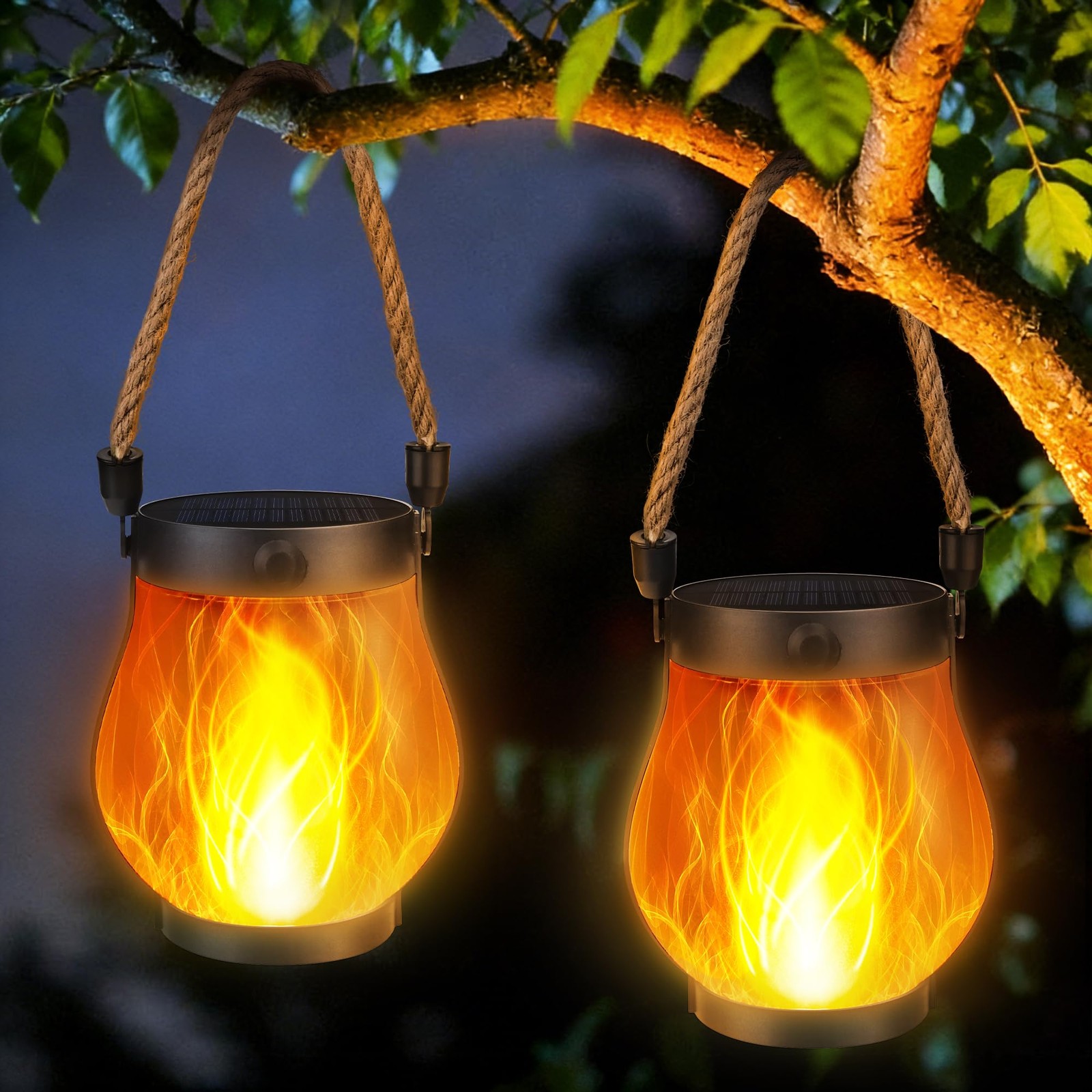Best Jyoiat Solar Outdoor Lanterns Waterproof - 2 Pack Ultra-Real Flame Lantern