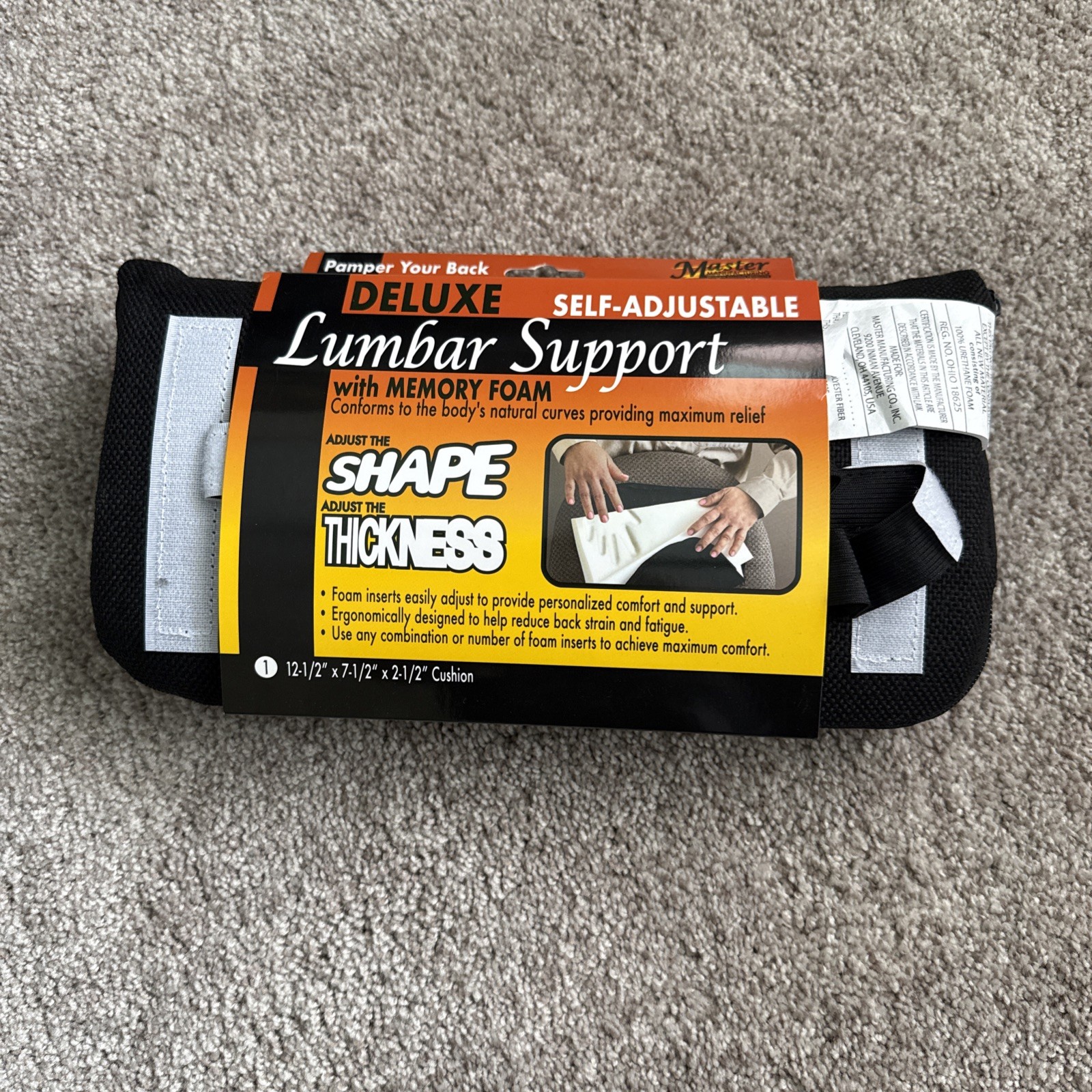 Deluxe Self-Adjustable Lumbar Support with Memory Foam 12.5" x 7.5" x 2.5" Black
