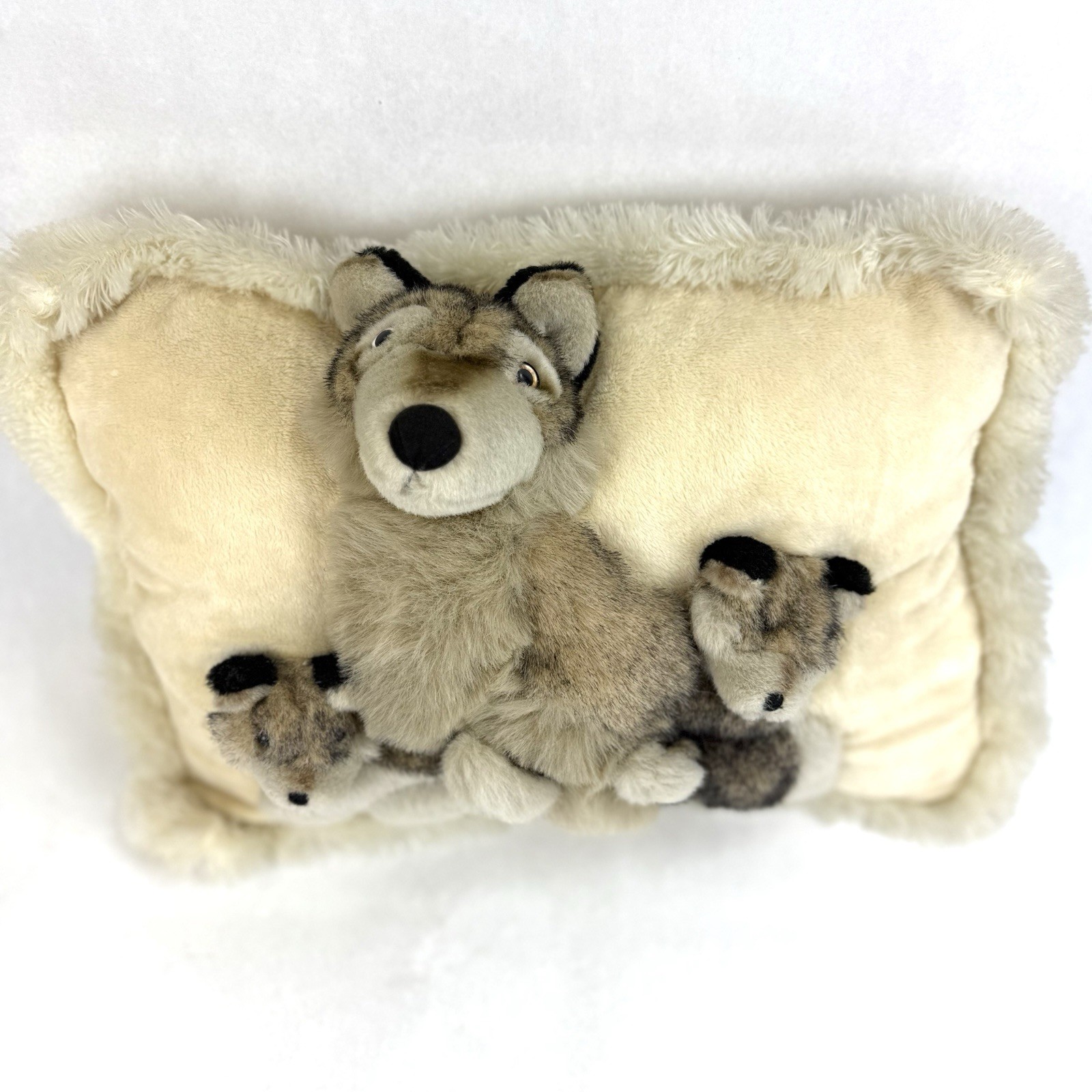 JAAG Plush Wolf Throw Pillow Mother Pups Figural 3D Shaped 16x11” Decorative