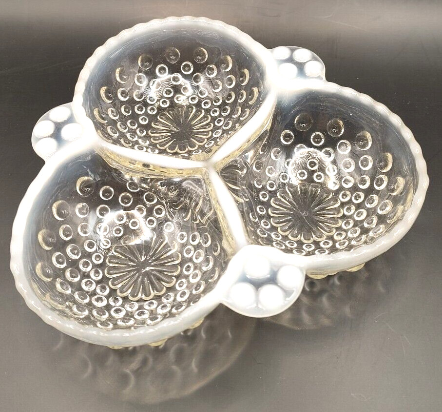 Vintage Clear White Moonstone Hobnail 3 Section Relish Dish Candy Bowl 7 oz 6.5"