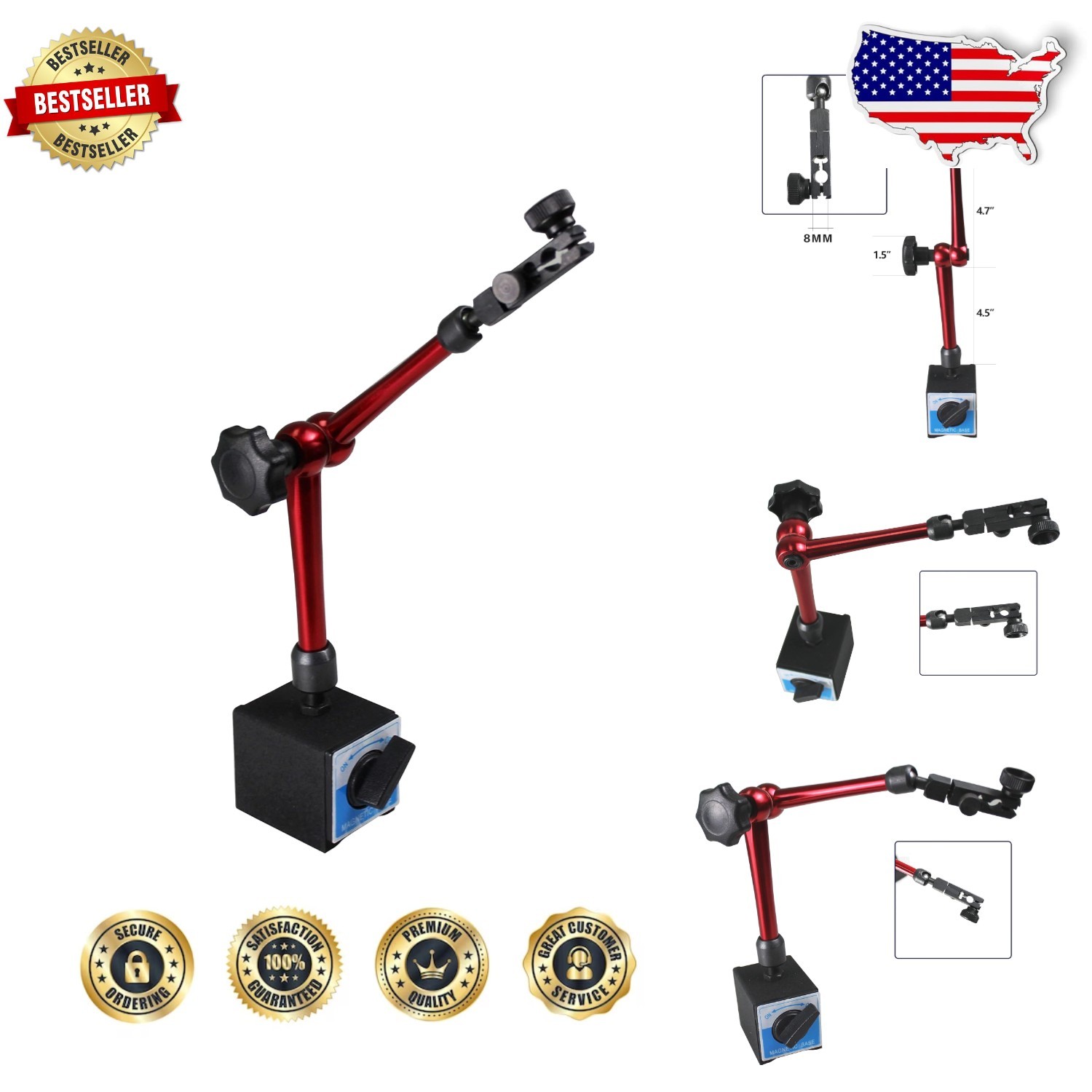 Heavy Duty Magnetic Dial Indicator Holder 14" 132lbs Max Force Red