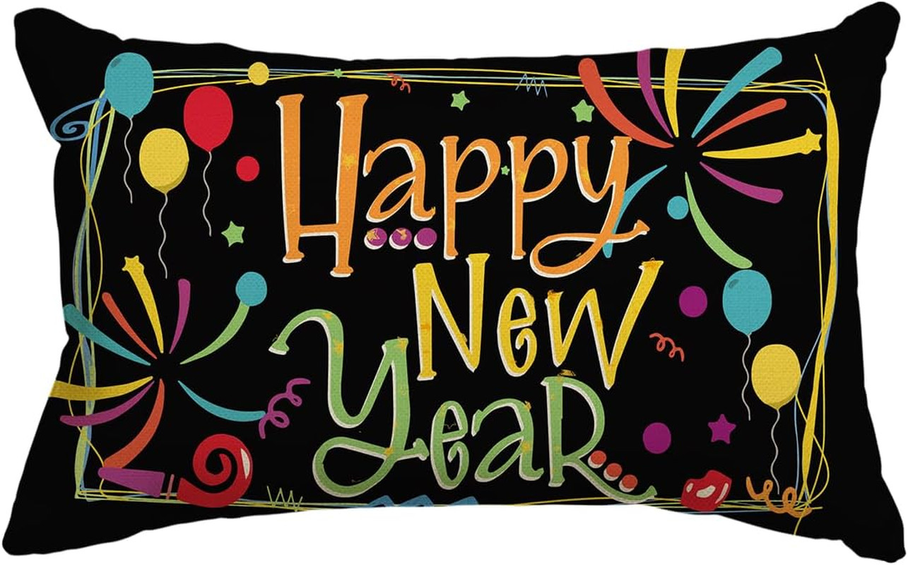 Happy New Year Fireworks Balloon Throw Pillow Cover, 12 X 20 Inch Holiday Cushio